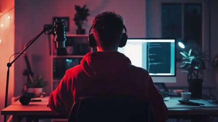 Person in Red Hoodie Codes at Night