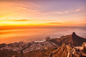 Cape Town Sunset Aerial View from Table Mountain over Camps Bay, Lion's Head and Twelve Apostles in the Background