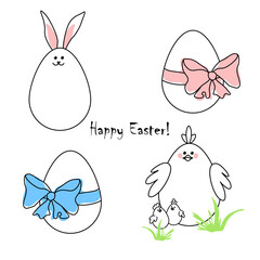 Set of Cute Line Illustrations Happy Easter