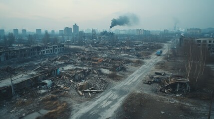 A bleak and haunting view of a city devastated by a nuclear disaster, background wallpaper AI generated image
