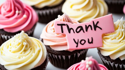 Colorful cupcakes adorned with thank you sign at a gathering celebrating appreciation