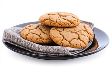 Delicious beige cookies served on a stylish black ceramic plate with gray-brown linen napkins at an inviting dining table