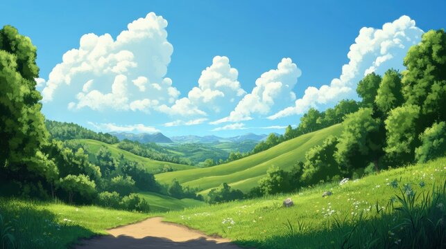 Serene rolling hills under a vibrant summer sky.