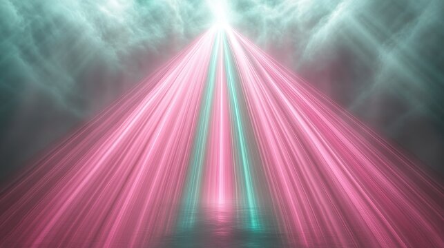 Thick beams of pulsating pink and turquoise light arranged like an inverted pyramid in mid-space