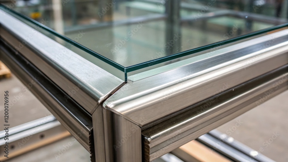Poster a closeup focusing on the edge of a glass panel where it meets the steel illustrating the craftsmans