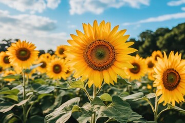 Sunflower field under a warm golden sky filled with vibrant blooms reaching for the sun