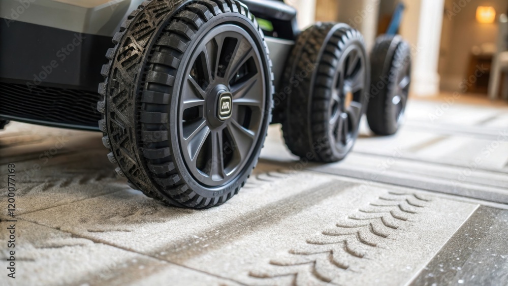 Aufkleber A closeup image of the rugged wheels of an automated cleaner engaging with a textured floor depicting tread patterns designed for enhanced grip and maneuverability.
