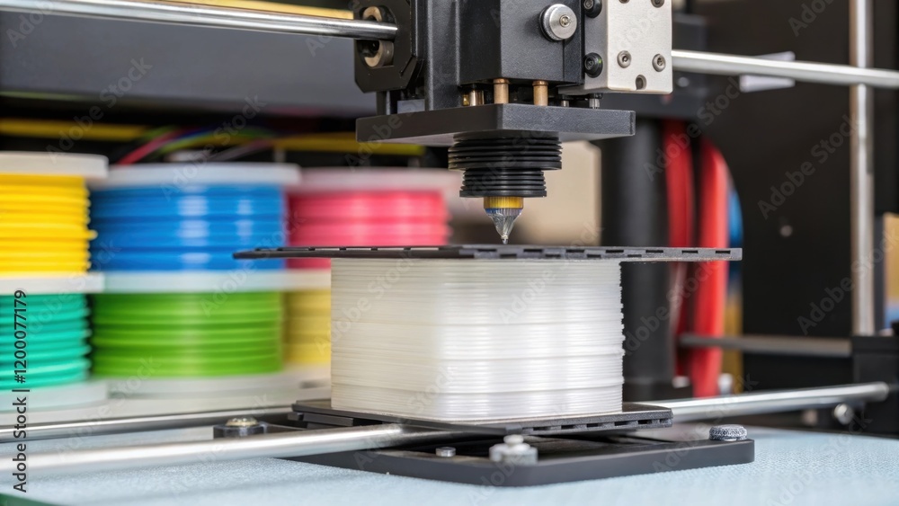 Aufkleber A closeup of a 3D printer in action layers of plastic being meticulously stacked with filament spools visible in the background.