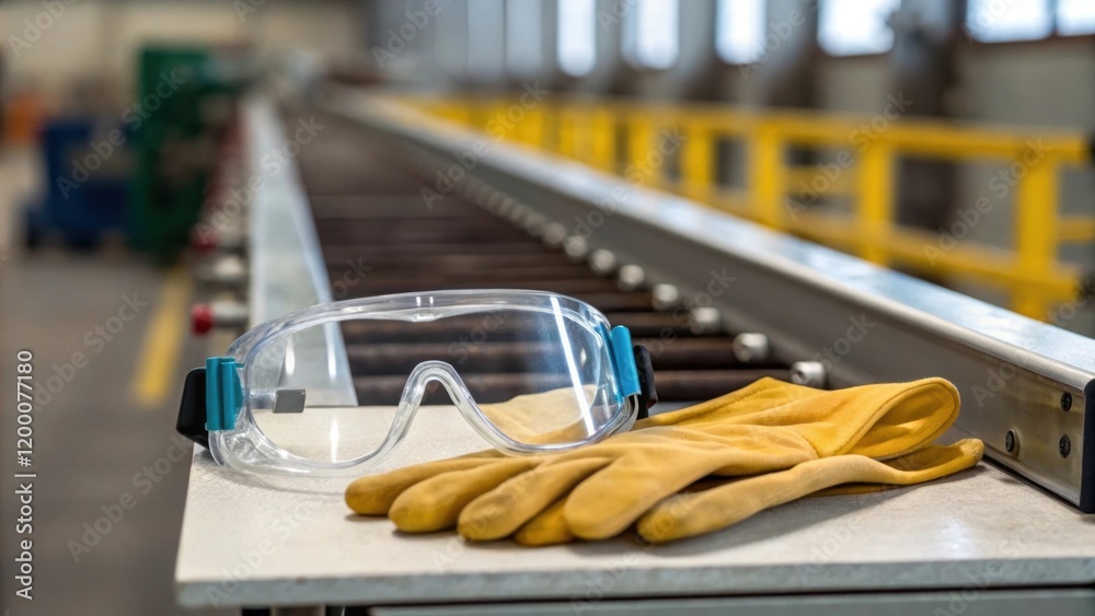 Poster a closeup image of safety goggles and protective gloves resting on a table a conveyor parts emphasiz