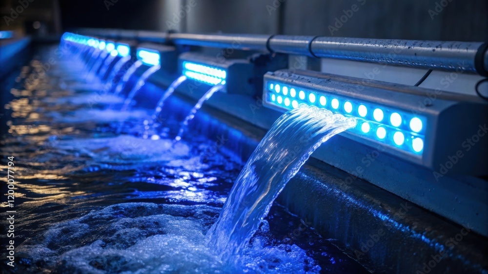 Poster a closeup image of uv dis lights glowing brightly as water flows past them emphasizing the key role 