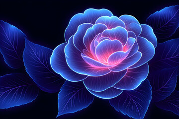 Obraz premium Glowing blue rose, dark background, floral art, digital design
