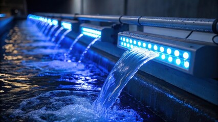 A closeup image of UV dis lights glowing brightly as water flows past them emphasizing the key role of light in purifying the water.