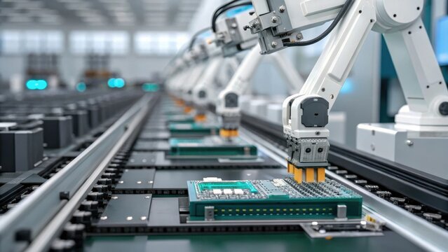 A closeup image of an electronic assembly line depicting rows of automated robotic arms expertly picking and placing components onto PCBs.