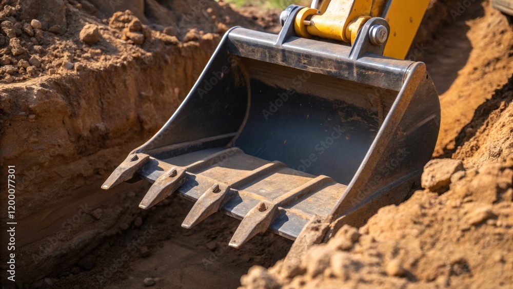 Poster A closeup of a bucket attachment on the excavator showcasing its sharp teeth gripping the edge of a freshly dug pit with dirt particles glistening in the sunlight.