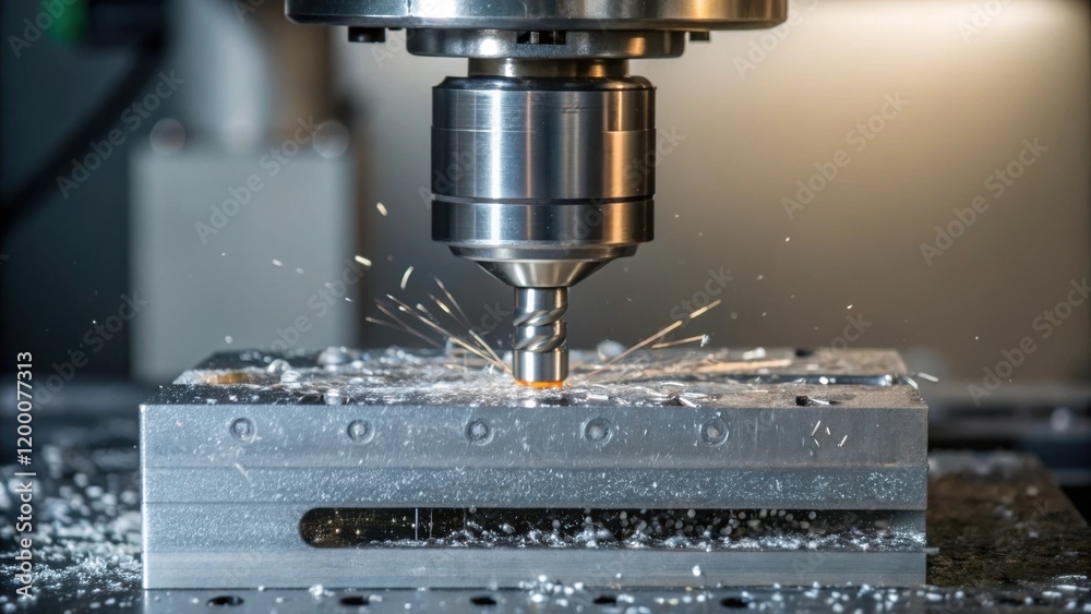 Poster A closeup of a CNC machines ting tool entering a block of metal with fine details of the shavings emerging portraying the craftsmanship involved in the machining.
