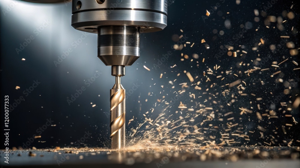 Aufkleber A closeup of a CNC drill bit spinning at high speed with chips of metal flying in the backdrop capturing the precision and power of the machining process.