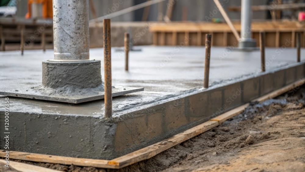 Poster a closeup of a concrete foundation being poured for a cooling tower with wet concrete textures and t