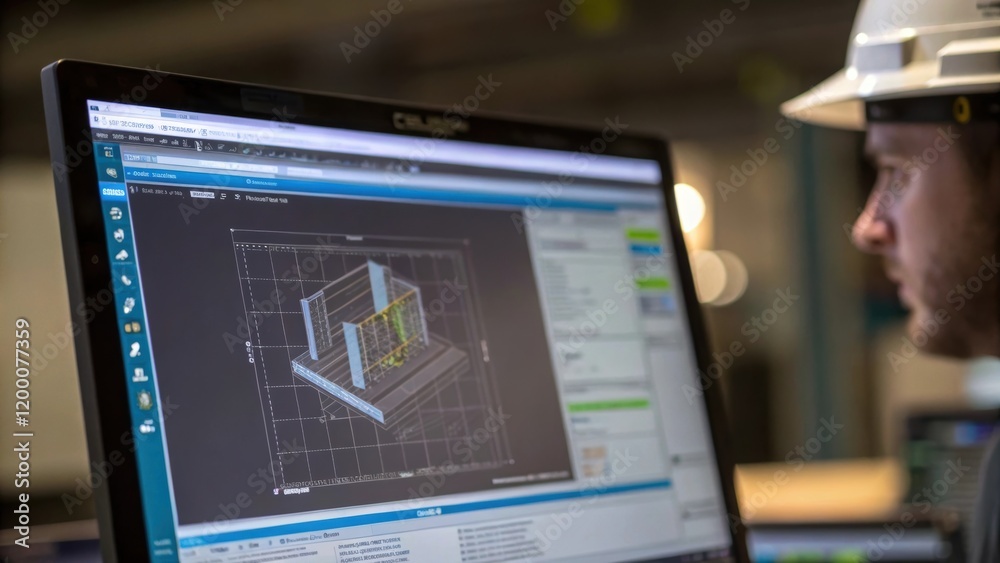 Aufkleber A closeup of a computer screen showing a complex CAD software interface filled with layers and 3D models with faint reflections of an engineer observing it from the side.