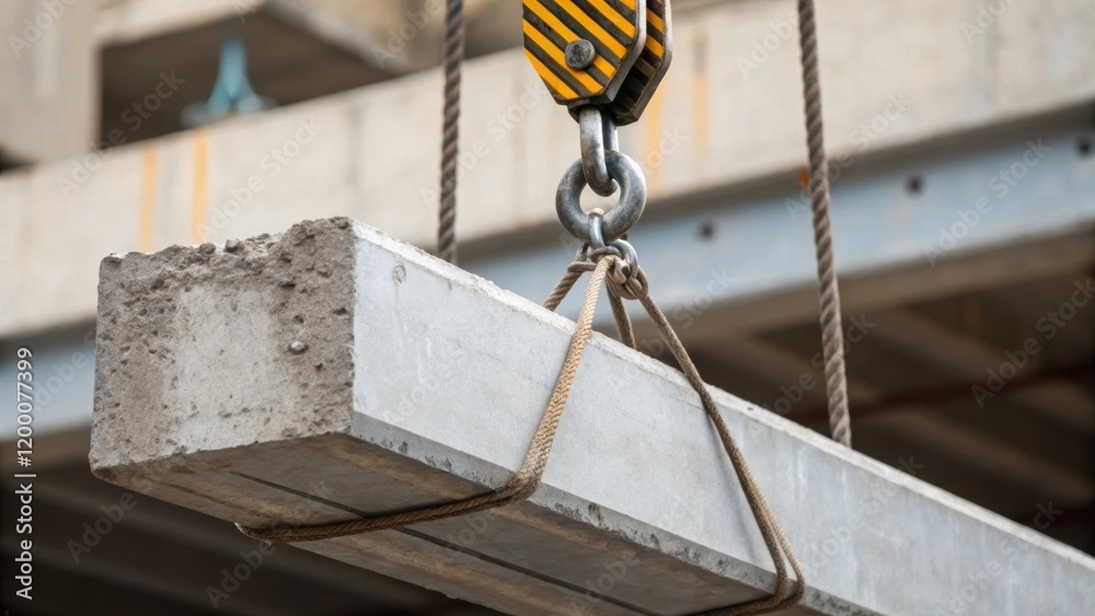 Poster A closeup of a concrete beam being lifted with a crane focusing on the sling and hook mechanism as it tests the strength and structural integrity of the beam while being moved for