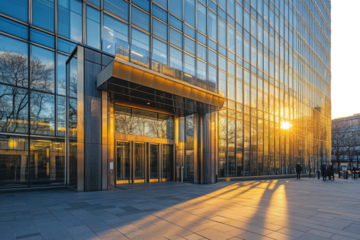 Golden hour reflections on a modern glass building entrance in an urban environment