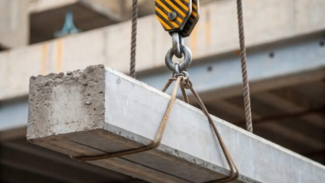 A closeup of a concrete beam being lifted with a crane focusing on the sling and hook mechanism as it tests the strength and structural integrity of the beam while being moved for