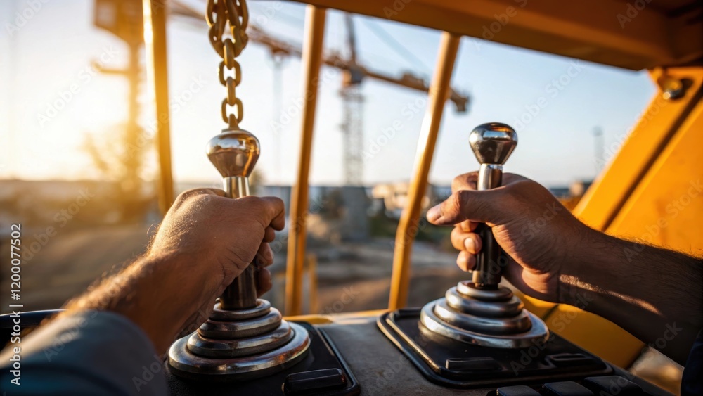Poster A closeup of a crane operators hands gripping the joystick controls with glistening metal levers reflecting sunlight while construction materials dangle from the cranes hook below.
