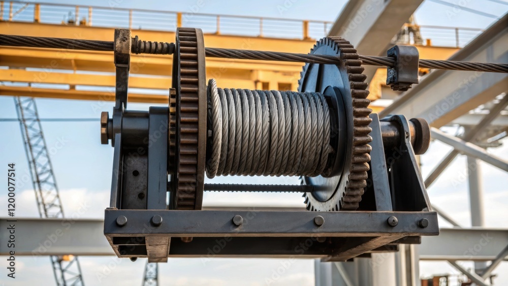 Poster a closeup of a cranes winch assembly showcasing the intricate gears and cables that work together to