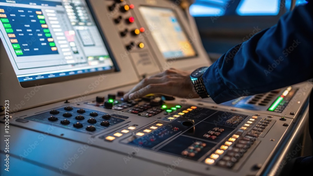 Aufkleber A closeup of a digital control panel featuring intricate buttons and screens with a technicians palm hovering above ready to make adjustments.