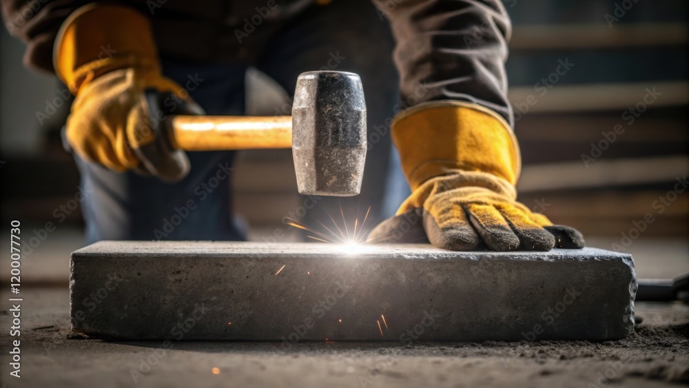 Poster a closeup of a laborers gloved hands using a sledgehammer on a concrete slab with the impact momenta