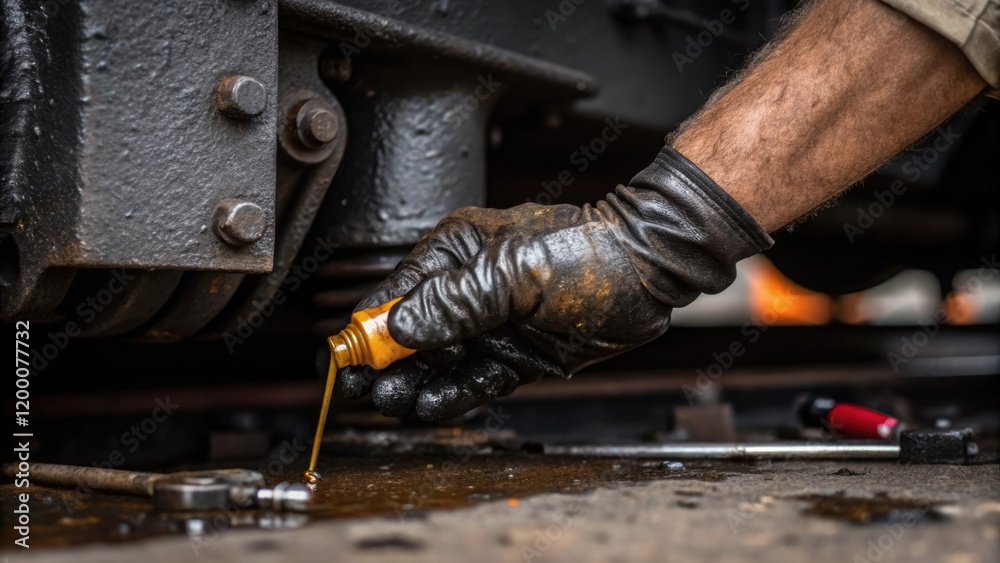 Poster A closeup of a laborers gloved hand applying a lubricant to a moving part of a boiler with grease stains and tools tered nearby.