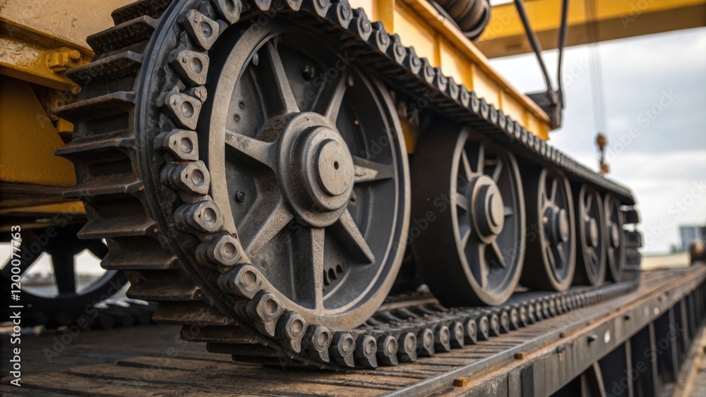 Poster A closeup of a large wheel mechanism on the crane showcasing the rugged construction and detailed engineering designed for efficient movement along the tracks.