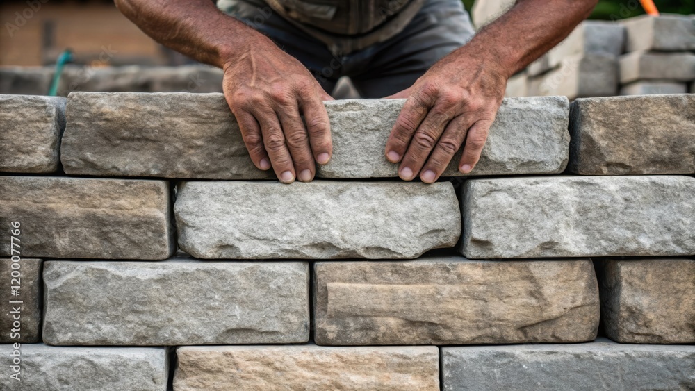 Poster A closeup of a laborers hands carefully stacking heavy interlocking stone blocks for a retaining wall showing the texture of the stones and the strain of the effort.