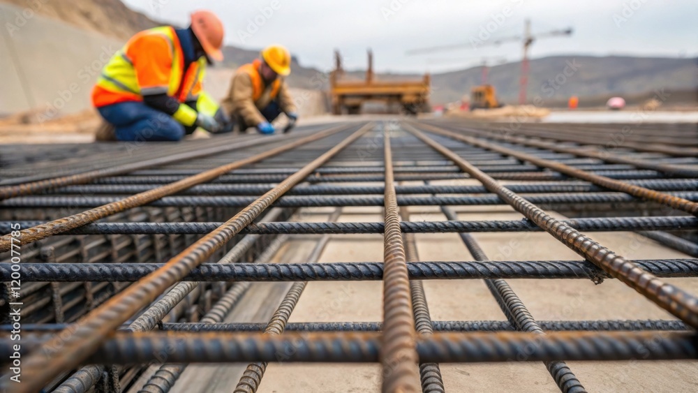 Poster a closeup of a large steel rebar grid being positioned on the dam site with construction workers in 