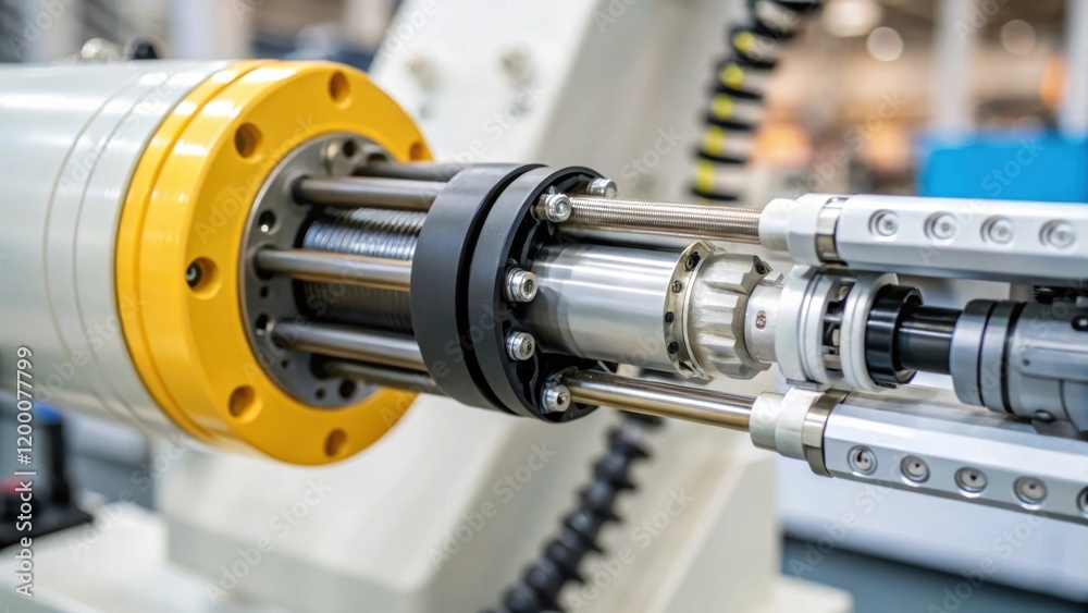 Aufkleber A closeup of a mechanical joint on a robotic arm showcasing the hydraulic system in action with tubes and fluid movements tightly packed within the assembly.