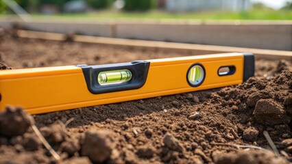 A closeup of a leveling instrument resting on the freshly graded earth its bubble level showing perfect alignment ensuring accurate surface preparation.