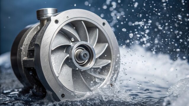 A closeup of a highspeed centrifugal pump its sleek rotating impeller in motion with splashes of water being propelled outward in the process.