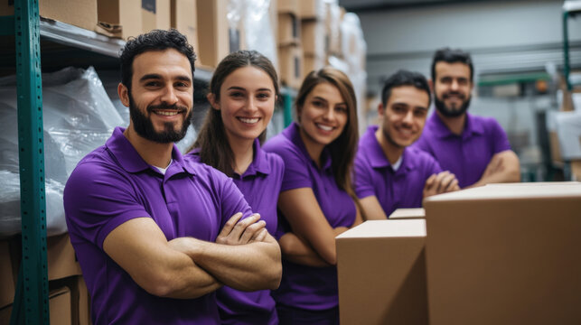 Friendliness and teamwork shine in a warehouse as a diverse group of five employees pose wearing purple shirts with confidence and smiles while working among cardboard boxes