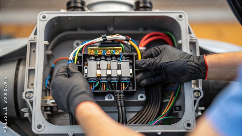 Poster a closeup of an open motor housing showcasing intricate wiring and a technicians gloved fingers meti