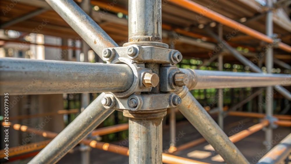 Poster A closeup of an intricate joint where two scaffolding sections meet showcasing the engineering involved in creating a stable platform.