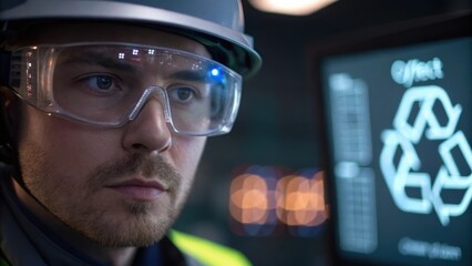 A closeup of an operators face wearing safety goggles intently watching the digital display of a recycling system as data updates.