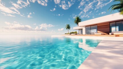 Fototapeta premium A modern minimalist house located on the beach, with a natural clear blue swimming pool with a beach environment, background wallpaper AI generated image
