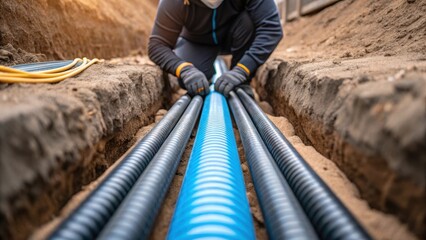 A closeup of an open trench filled with plastic conduits with one conduit being carefully fitted into place by a worker wearing gloves.