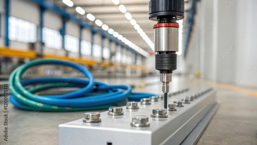 Poster A closeup of a precision screwdriver tightening bolts on a sensor unit with a blurred background of an industrial hallway and hoses coiling along the floor.