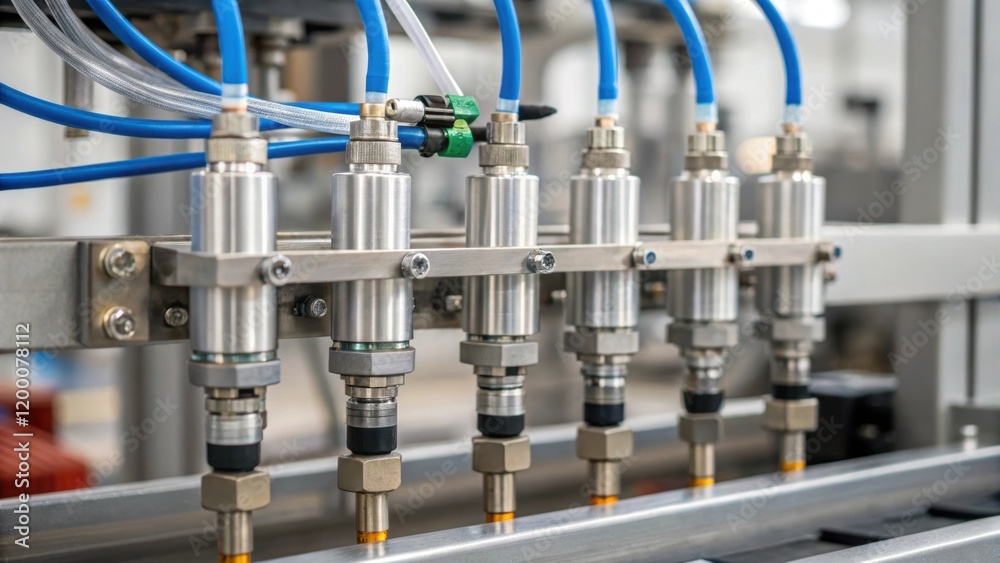 Poster A closeup of a pneumatic system detailing tubes and valves as compressed air swiftly operates the packaging machinery for efficient movement and sealing processes.