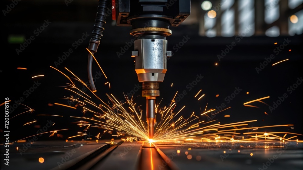 Poster a closeup of a robotic welders nozzle showcasing the glowing tip and molten metal surrounded by brig