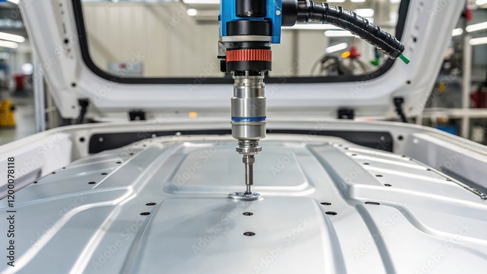 Poster A closeup of a robotic machine applying adhesive to seams on a vehicle capturing the precision and controlled application of manufacturing processes.