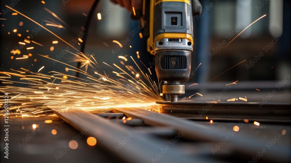 Aufkleber A closeup of a power tool in action with sparks flying as a worker s through metal showcasing the intensity and dynamism of the construction process.