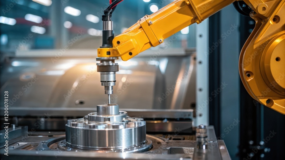 Poster A closeup of a robotic arm applying lubrication to a joint showcasing the intricate mechanics and the reflective surface of the machinery in the background.