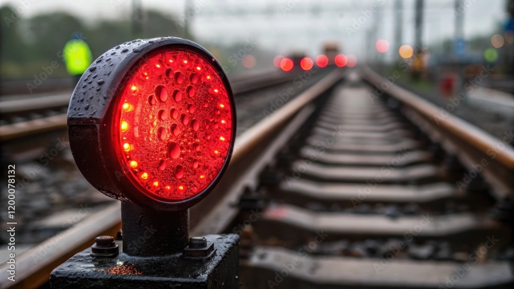 Poster A closeup of a rail signal illuminated in bright red with water droplets glistening on the surface reflecting the efforts of the workers around it.