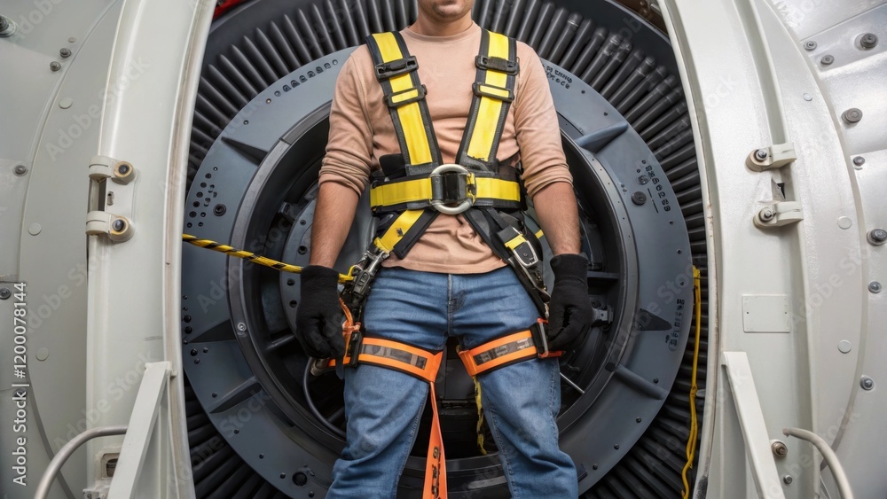 Poster a closeup of a safety harness secured around the technicians waist as they lean into the turbines ge